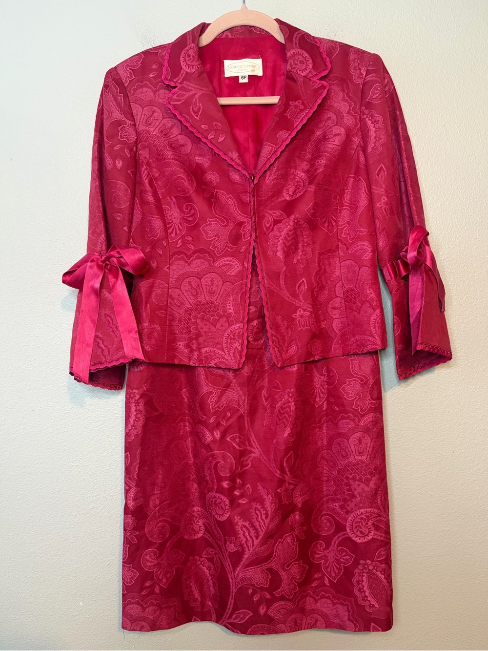 vintage 1990s Nanette Lepore  pink embossed jacquard dress and blazer suit